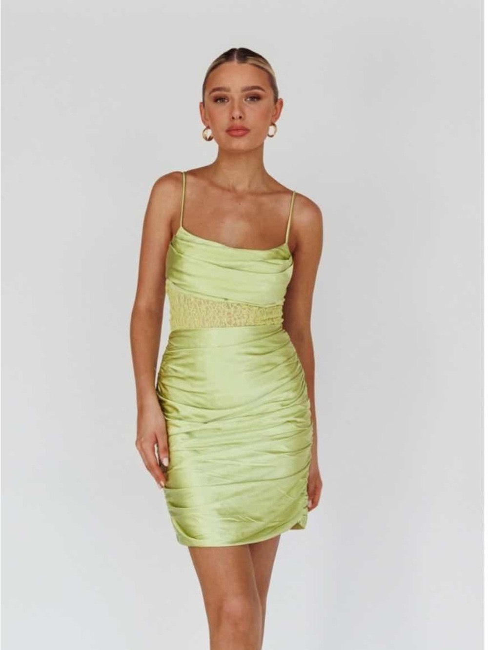 Satin Cowl Neck Mini Dress in Light Lime